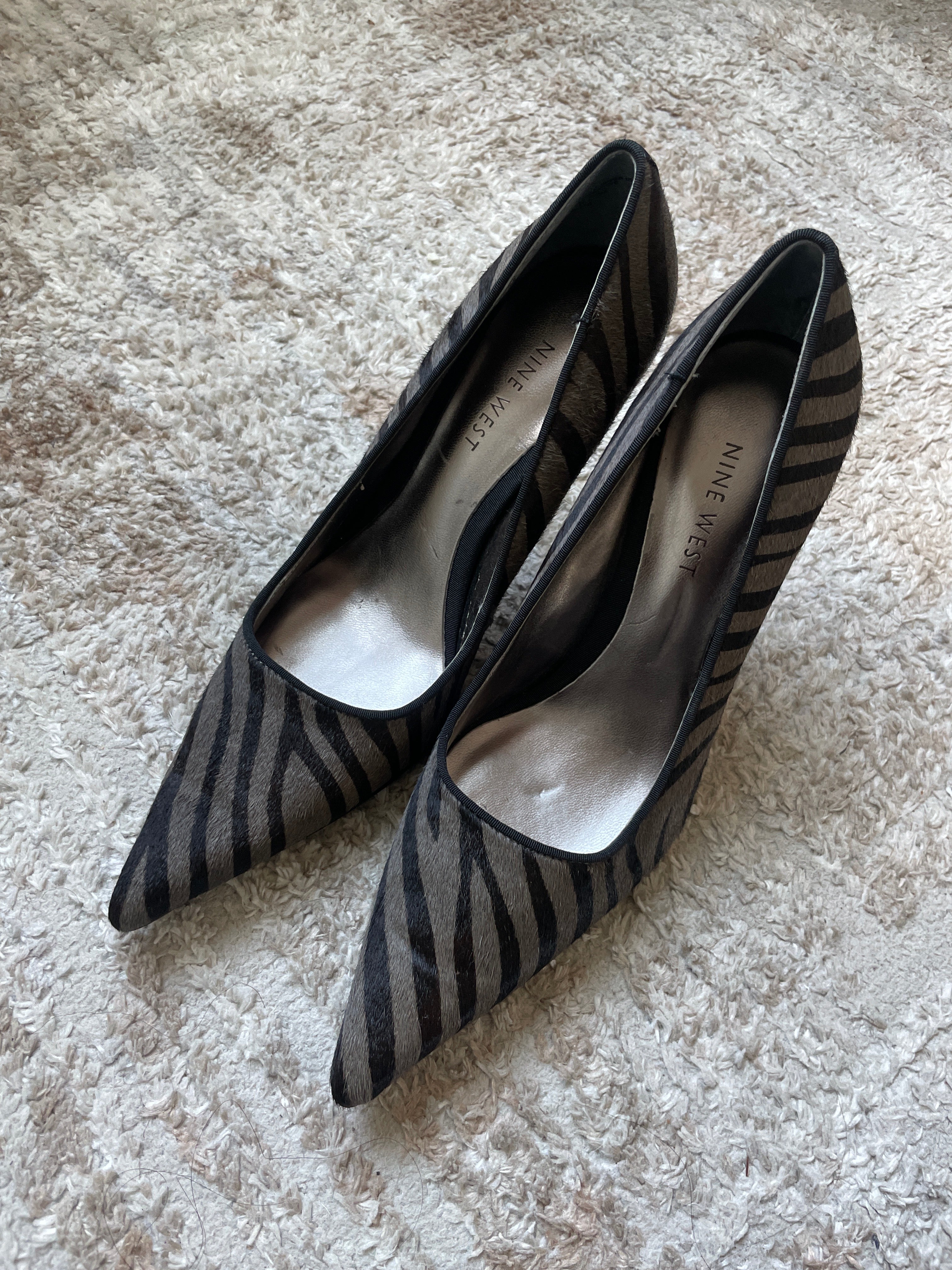 Black/grey zebra pony hair heels