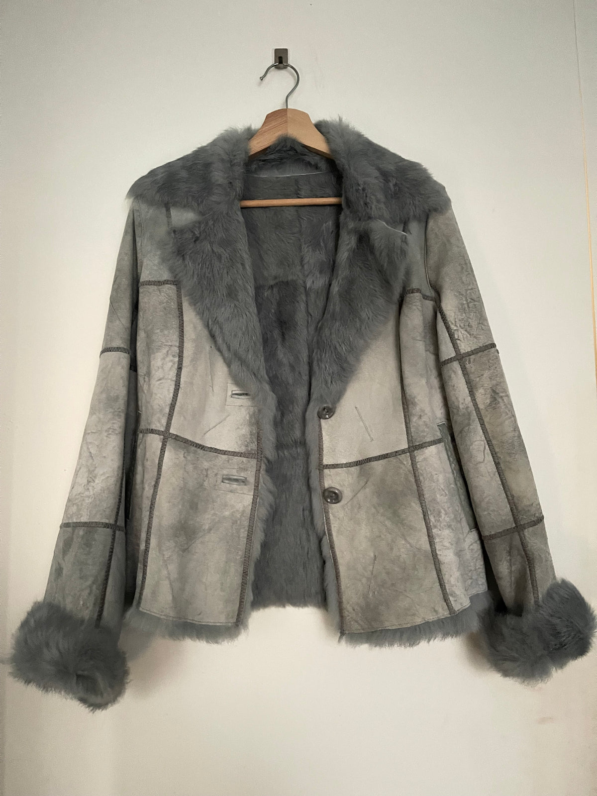Baby blue suede & rabbit fur shearling jacket
