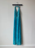 Blue sequin beaded halter gown