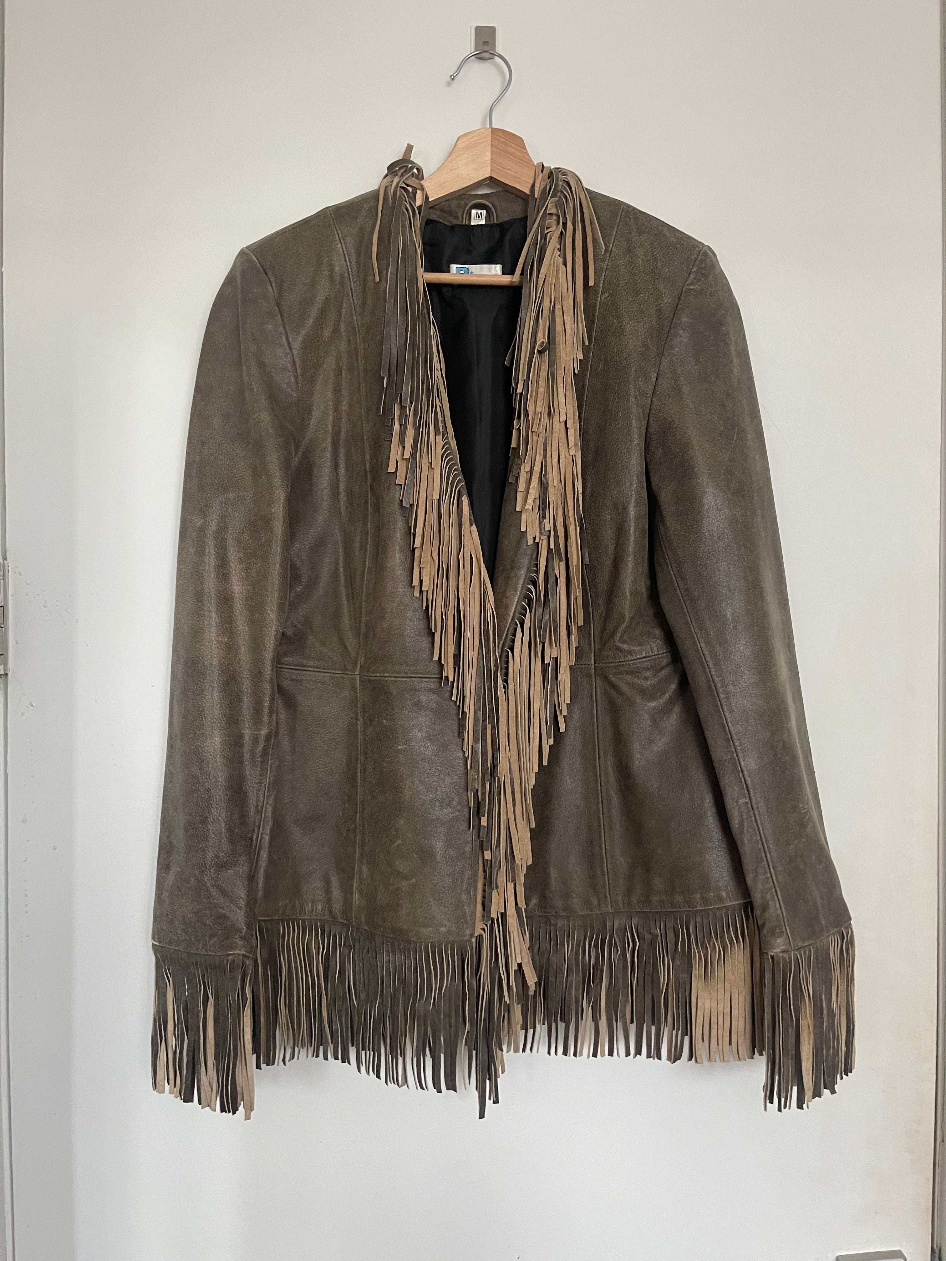B Lucid gray brown fringe leather jacket