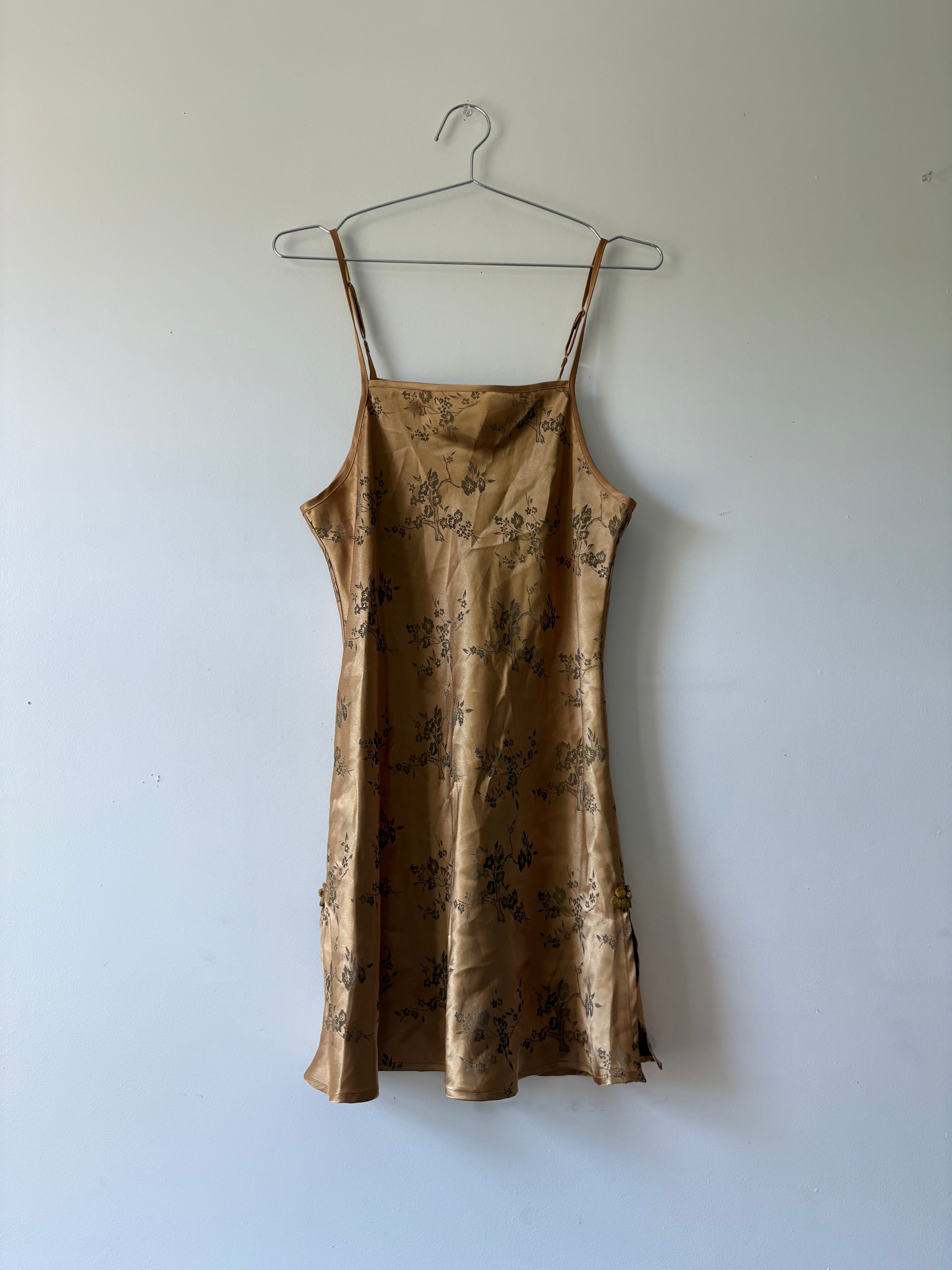 Erika Taylor gold Asian inspired slip dress