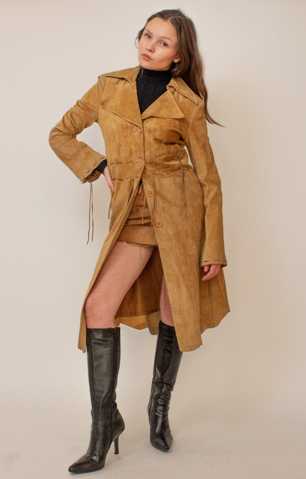 Tan suede detailed trench coat