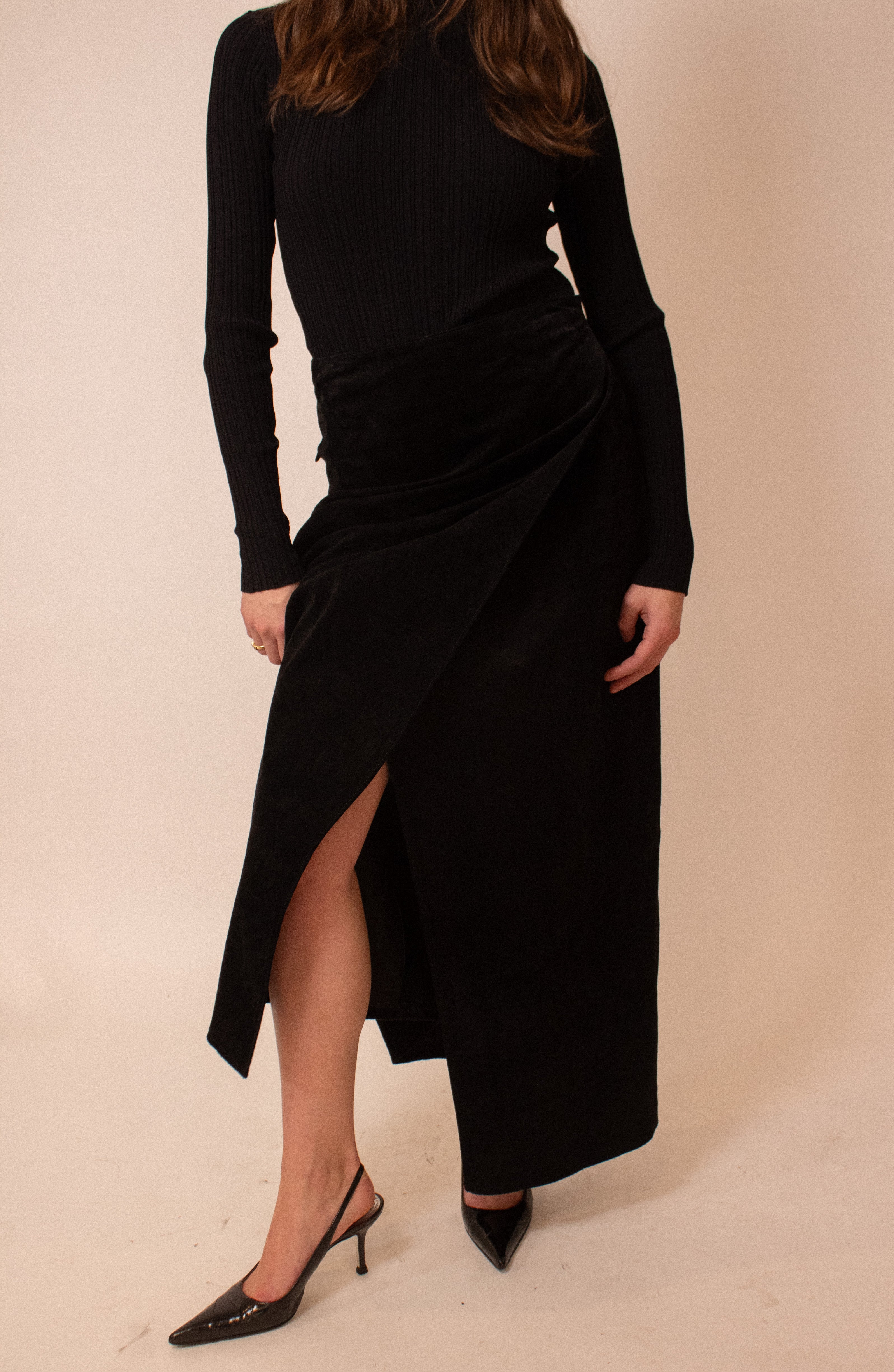 Black suede wrap maxi skirt