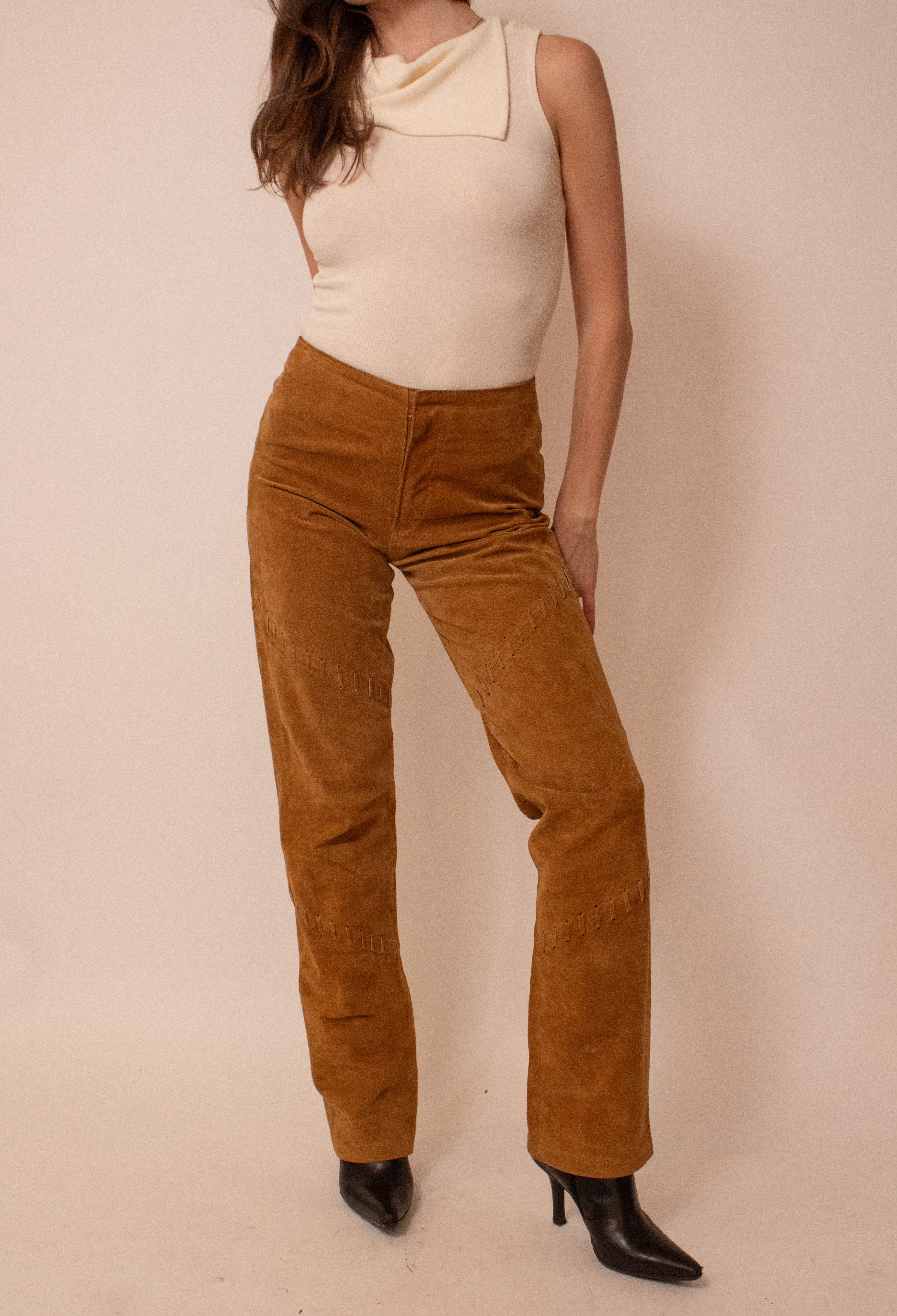 Copper lace detailed suede pants