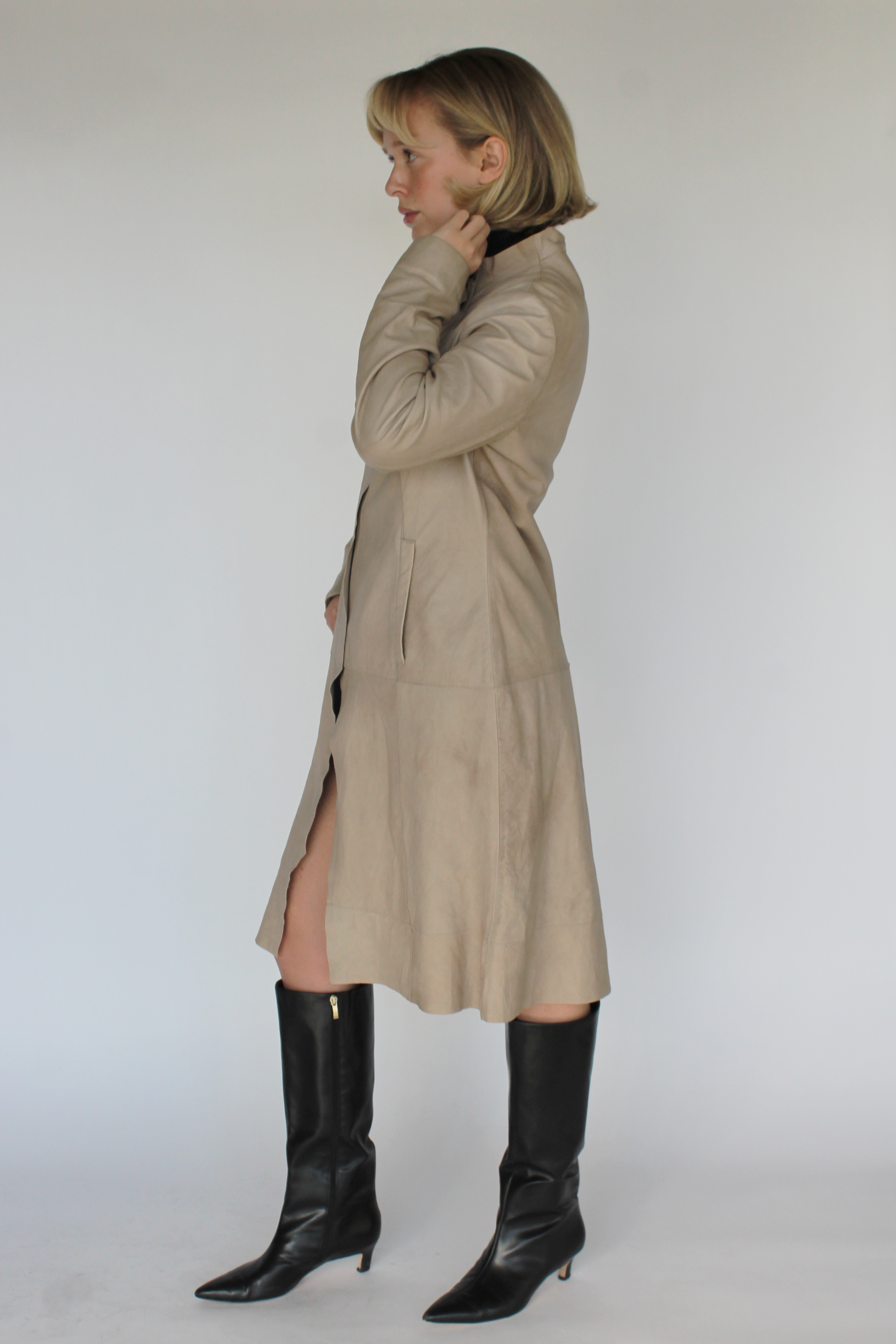 Cream asymmetrical leather coat