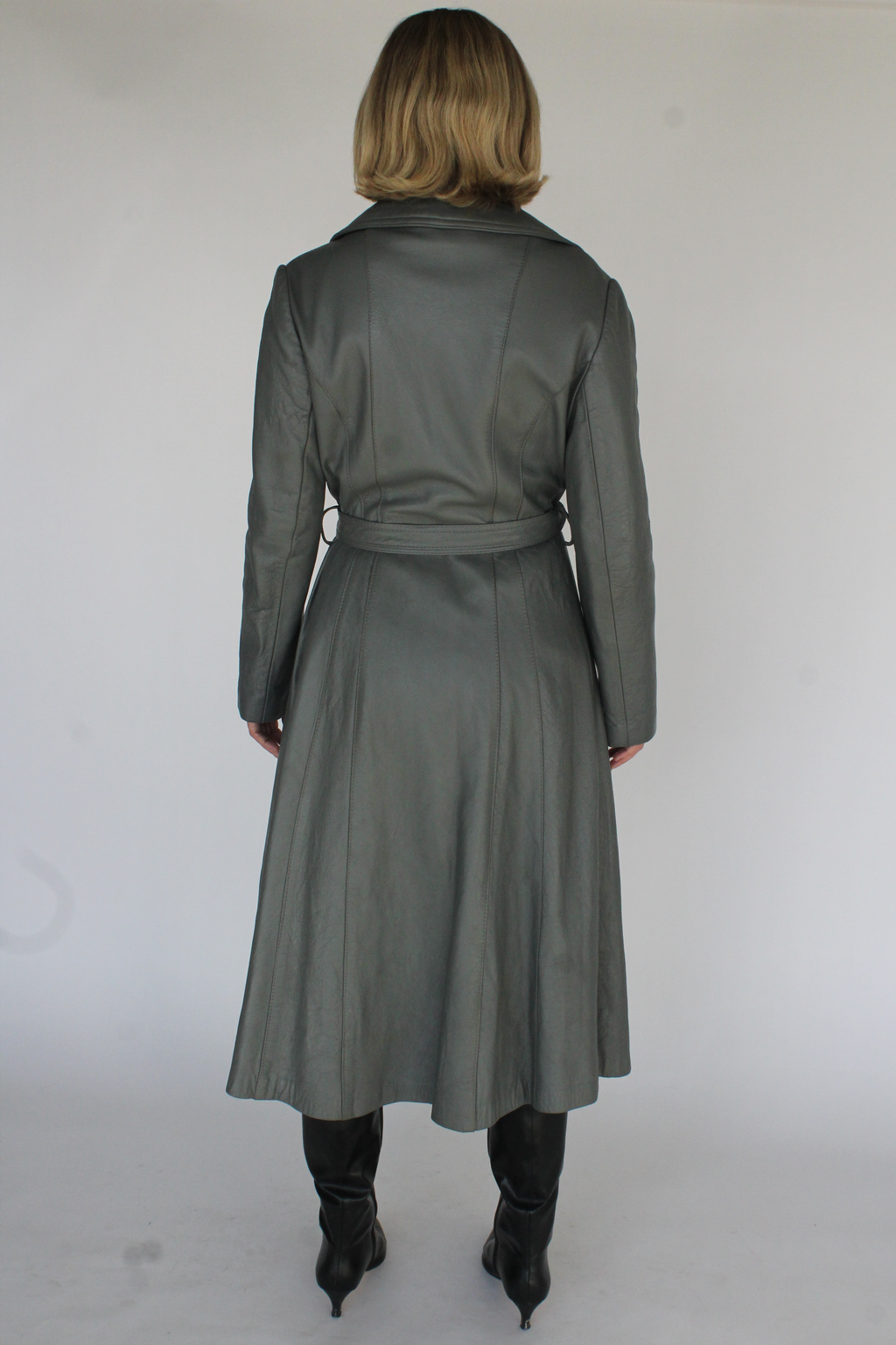Ash grey belted leather trench coat