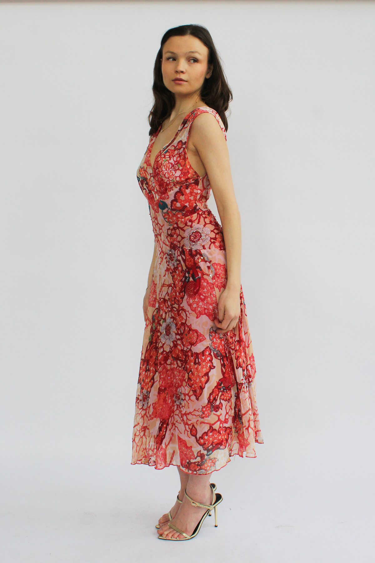 Vintage Floral Beaded Silk Dress
