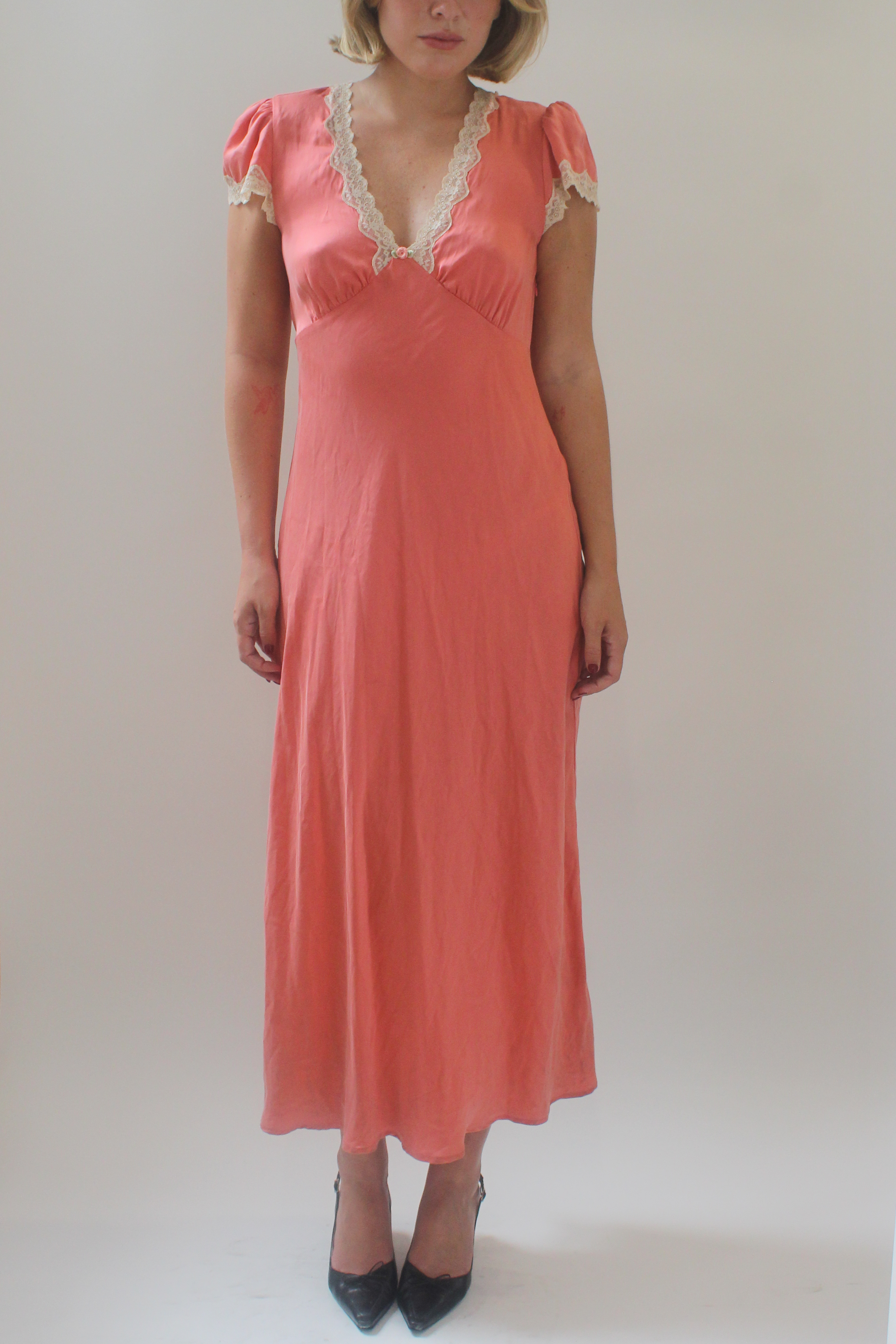 Pink silk lace maxi dress